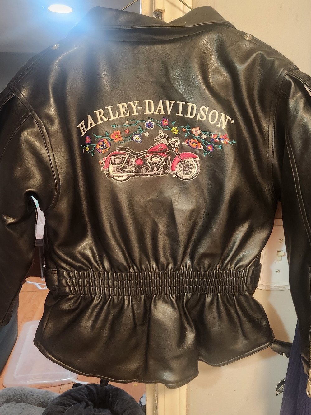 Harley-Davidson Black Leather Girls' Jacket with Pink Motorcycle Embroidery